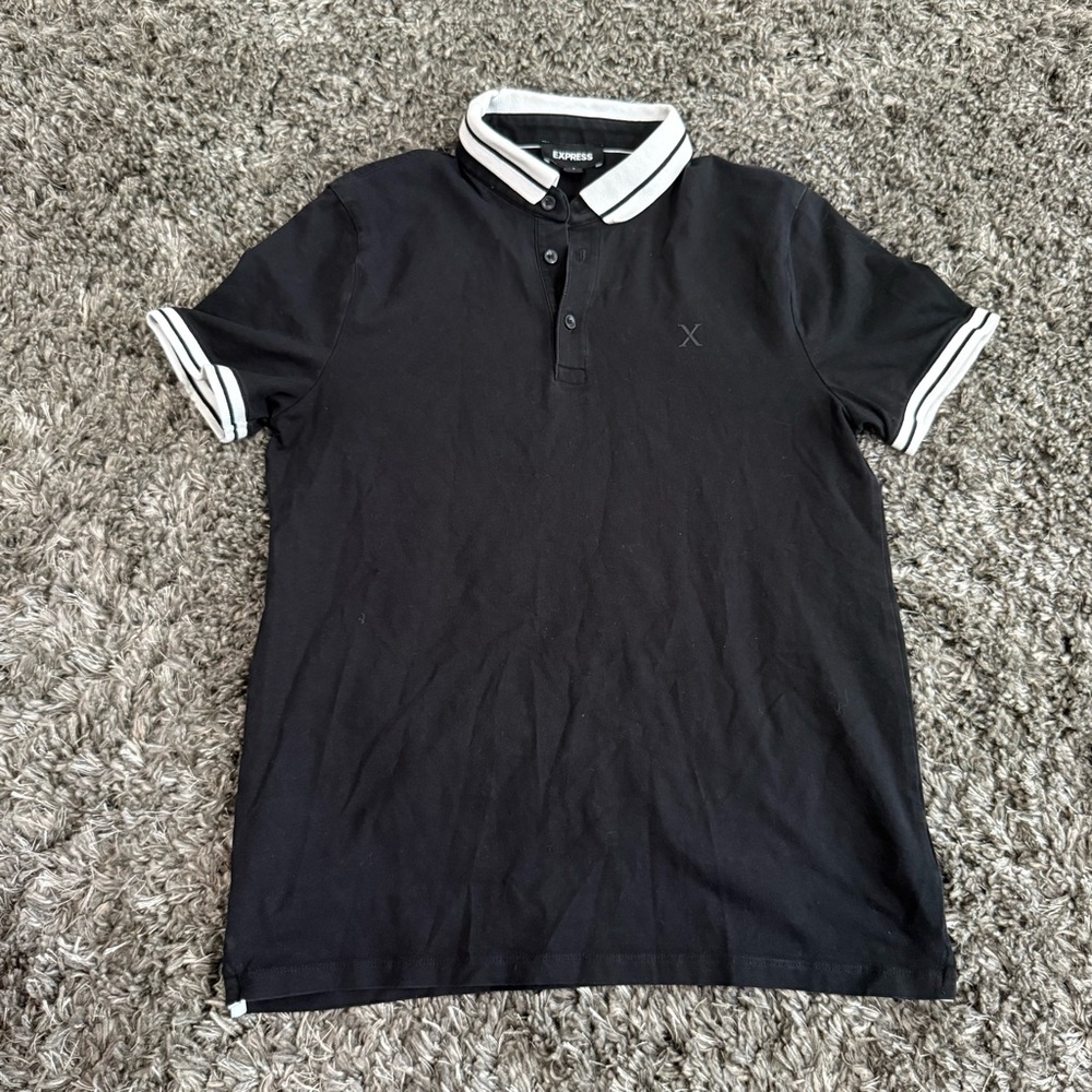 Express Men’s Polo Shirt in Black with White Trim, Size S